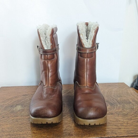 Vintage Sherpa Shearling Lined Leather Platform Boot Rubber Sole 70’s Dexter 8 - Picture 9 of 13
